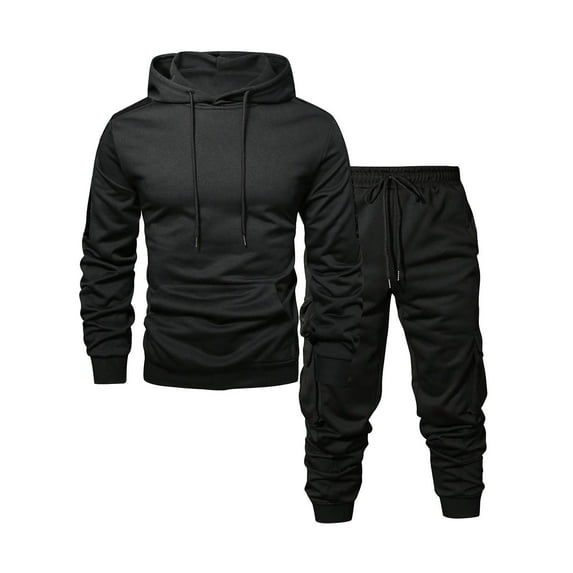 Stamzod Fall Outfits Casual Tracksuit Men Solid Color Long Sleeve Black Hoodie and Sweatpants Set Men's Fashion Sweat Suit with Pocket Black XL