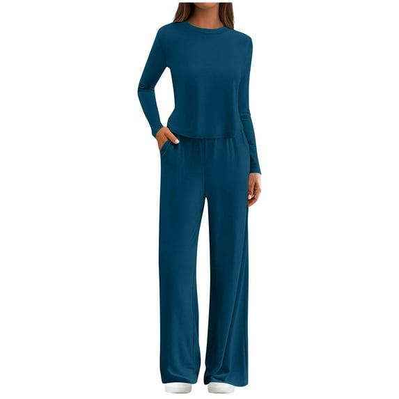 Stamzod Fall Outfits for Women 2025 Solid Color Crewneck Long Sleeve Shirts and Sweatpants Casual Sweatsuits Women 2 Piece Outfit Navy B M