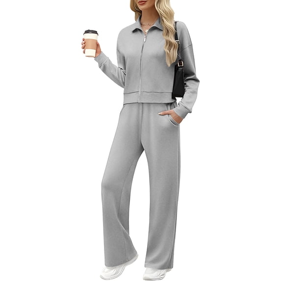Stamzod Fall Outfits for Women 2025 Solid Color Turndown Long Sleeve Jackets and Wide Leg Pants Casual Travel Outfits for Women Gray S