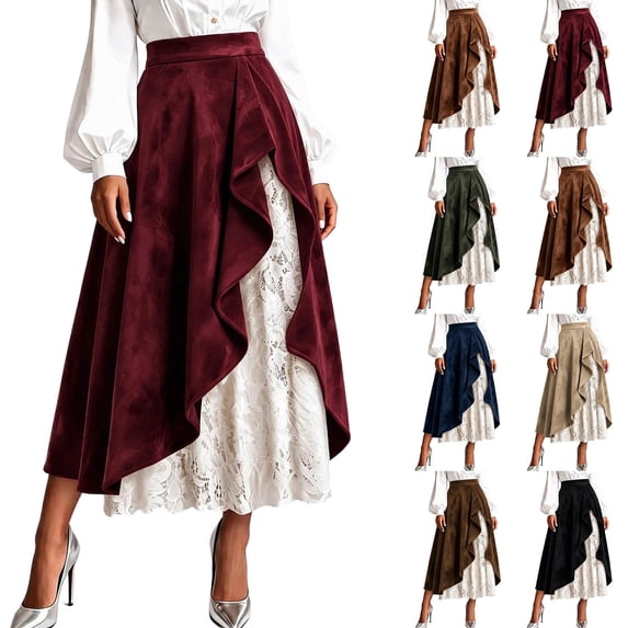 Stamzod Fall Skirts for Women Fashion Vintage Lace Patchwork Faux Suede ...