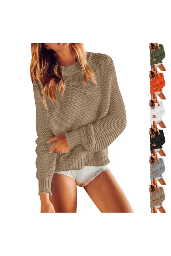 Fall Sweaters Women Solid Color Crewneck Long Sleeve Sweater Casual Pullover Sweaters for Women Black L