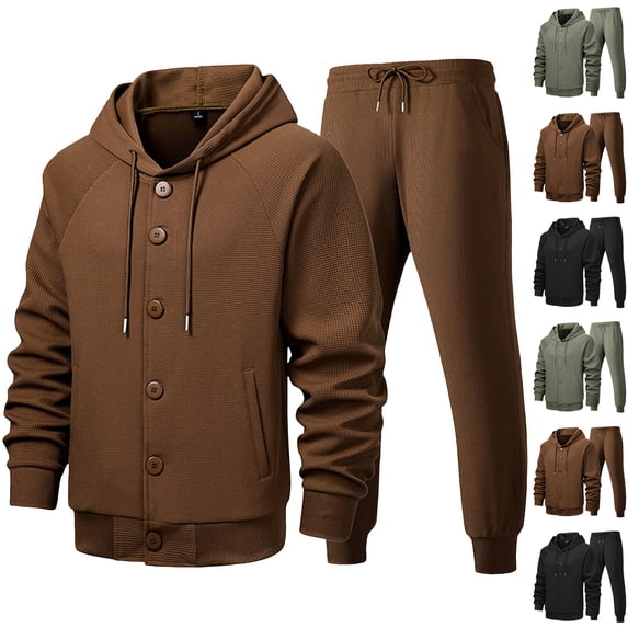 Stamzod Fall Track Suits Mens Solid Color Long Sleeve Button Up Hoodies Jackets and Joggers Set Casual Two Piece Sweatsuits for Men Coffee XL