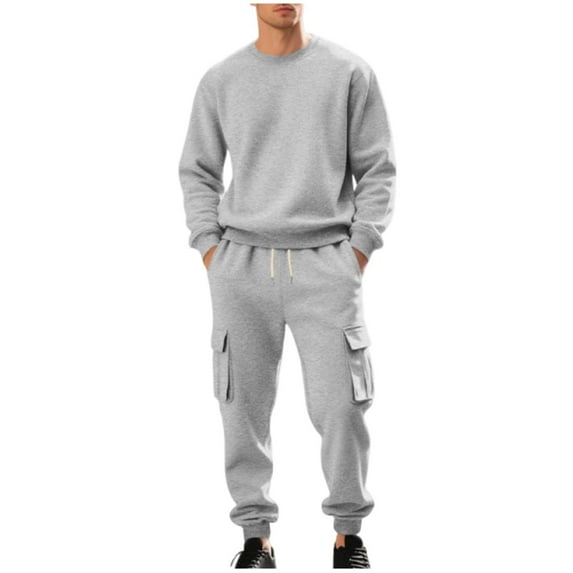 Stamzod Fall Tracksuit Men 2 Piece Solid Color Crewneck Long Sleeve Sweatshirt and Cargo Pants Casual Athletic Oversized Sweatsuits for Men Gray C L