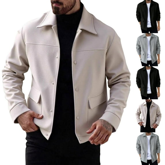 Stamzod Fall Winter Jackets for Men Solid Color Turndown Long Sleeve Button Up Shirt Jacket Dressy Casual Work Windbreaker Coats for Men Gray-9 XL