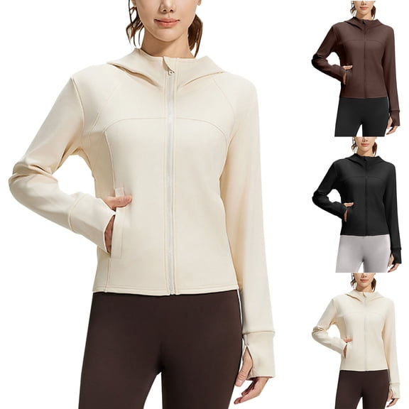 Stamzod Fall Winter Workout Jackets for Woman Solid Color Long Sleeve Hooded Cropped Jacket Women Casual Fleece Hoodie with Pocket White M