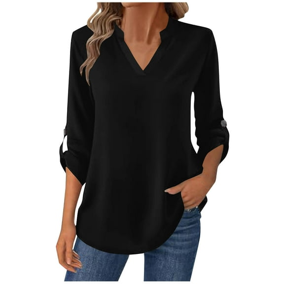Stamzod Fall Women Blouses with Buttons Fashion Solid Color V-Neck Work Tops for Women Dressy Casual Long Sleeve Shirt Black XL