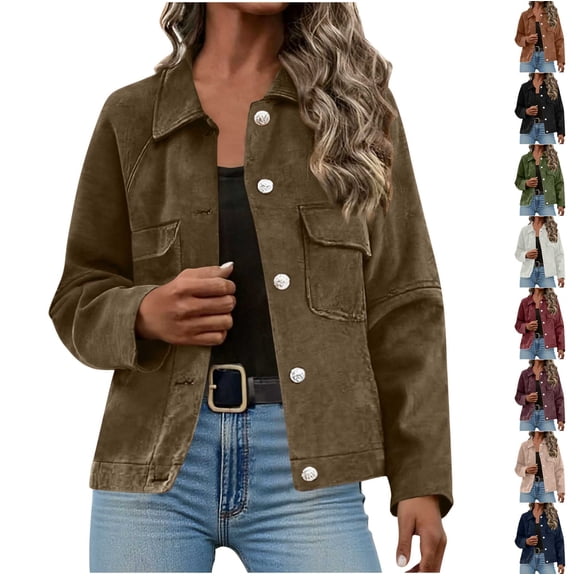 Stamzod Fall Womens Jackets Solid Color Turndown Long Sleeve Barn Jacket Casual Light Jackets for Women Army Green-3 L