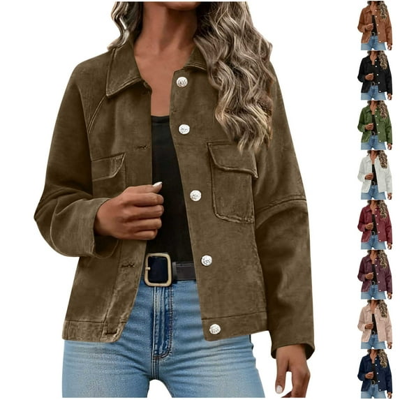 Stamzod Fall Womens Jackets Solid Color Turndown Long Sleeve Barn Jacket Casual Light Jackets for Women Brown-3 XL