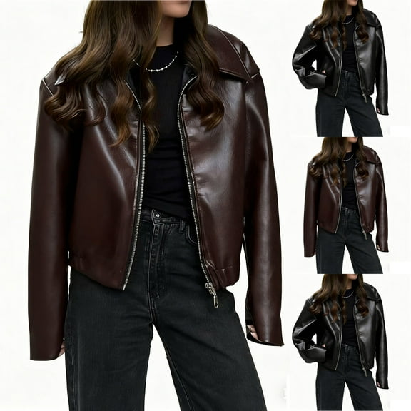Stamzod Fashion Leather Jacket Women Solid Color Long Sleeve Bomber Jacket Women Motorcycle Casual Zip Up Jackets for Women Black B L