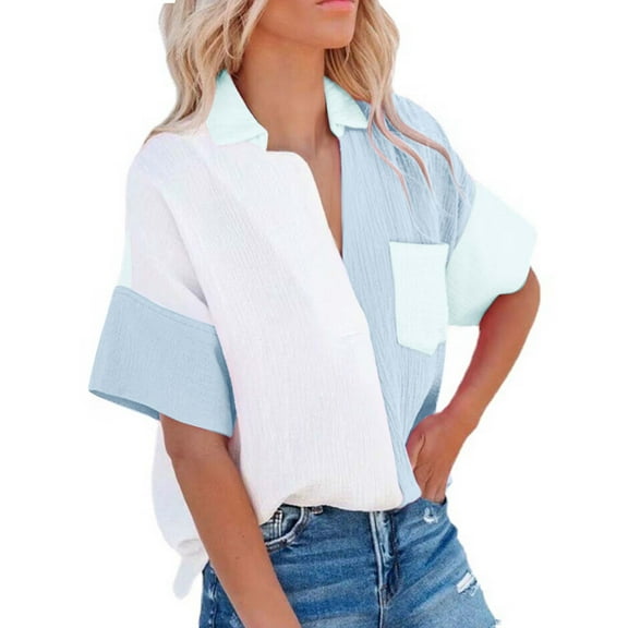 Stamzod Fashion Patchwork Summer Tops with Pocket Dressy Causal Loose Short Sleeve Button Up Shirt Women Plus Size Shirts Blue M
