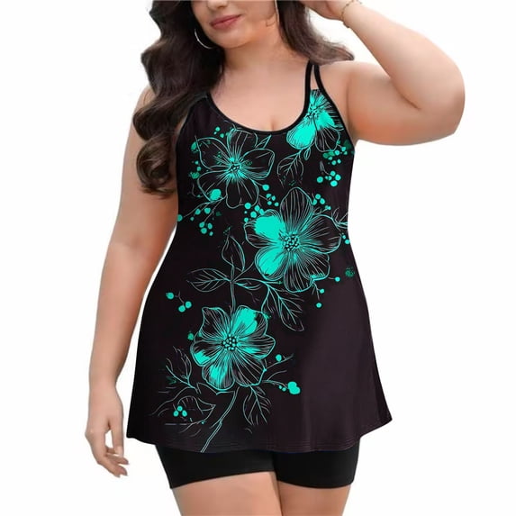 Stamzod Fashion Women's Sleeveless Printing Bikini Swimsuit Push-Up Padded Swimwear Swimsuit Blouse Sets Black J XL