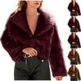 thumbnail image 1 of Stamzod Faux Fur Coats for Women Solid Color Turndown Long Sleeve Cropped Jacket Thicked Warm Winter Jackets for Women Wine L, 1 of 6
