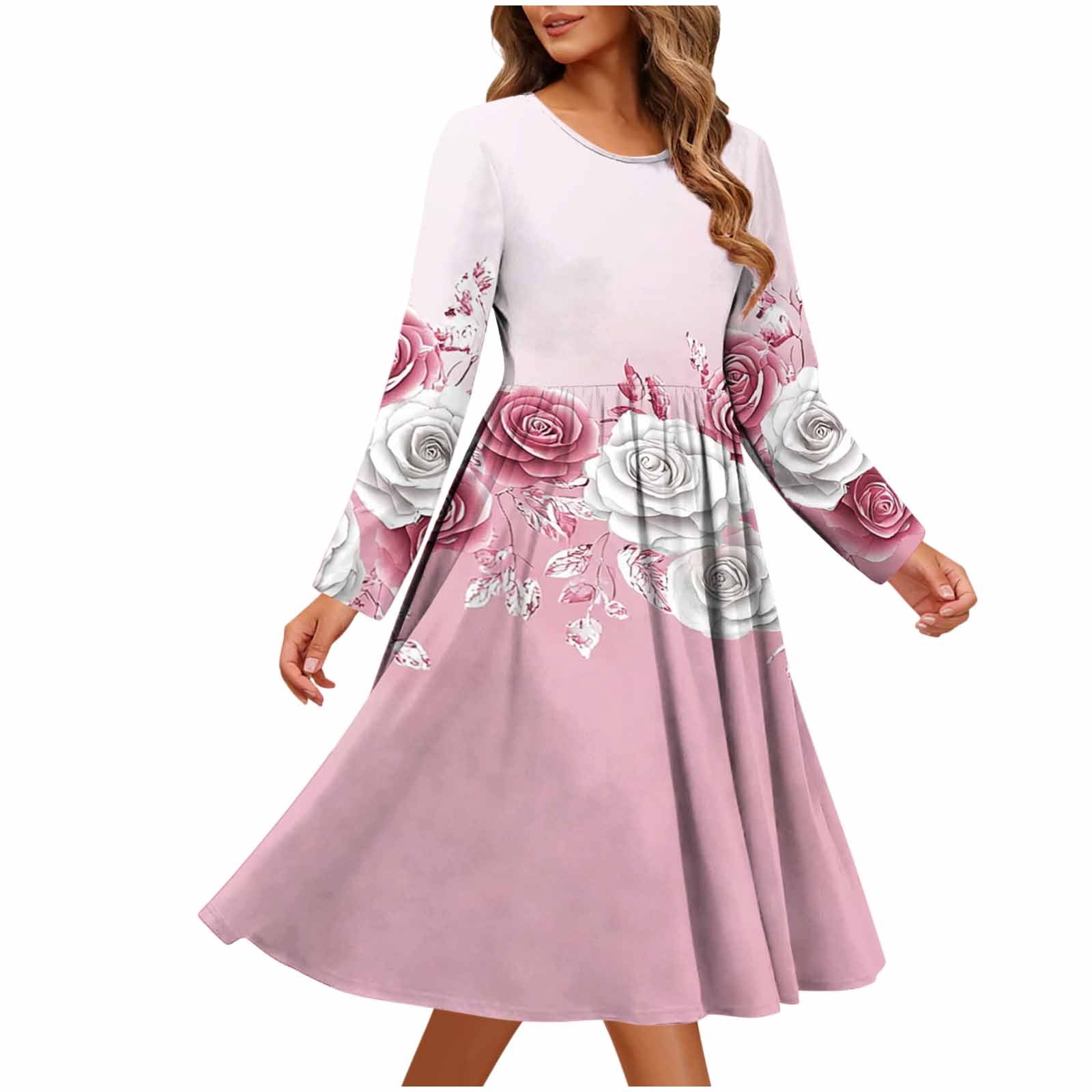 Stamzod Fit and Flare Dress for Women 2026 Trendy Fashion Floral Print Long Sleeve Summer Dresses Elegant Flowy Women's Casual Dresses Pink F L, Size: