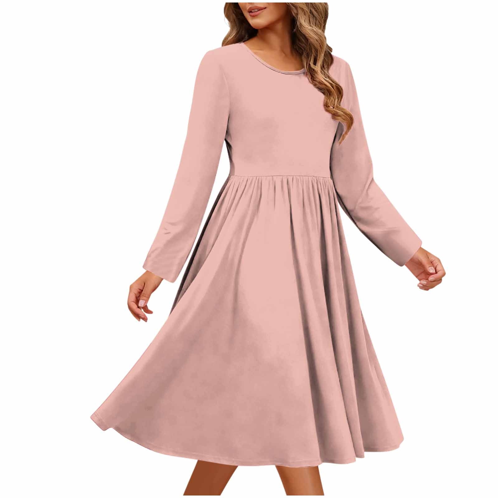 pink long sleeve fit and flare dress Long Sleeve Fit and Flare Midi Dress – Pastel by Vivienne main image 1