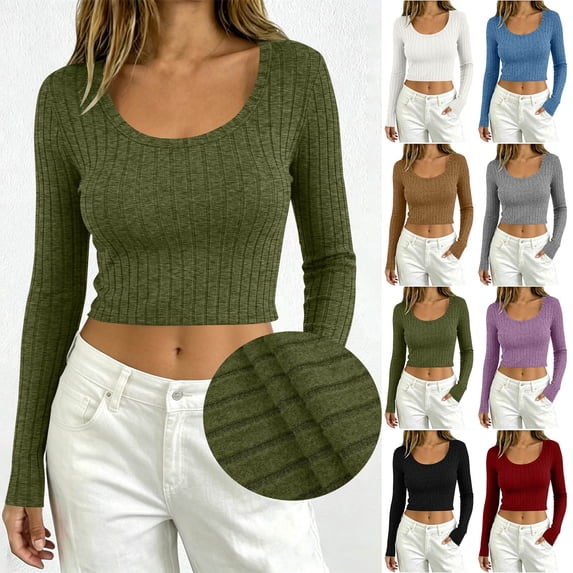 Stamzod Fitted T Shirts for Women Fashion U Neck Long Sleeve Crop Tops Casual Knit Ribbed Basic Tees