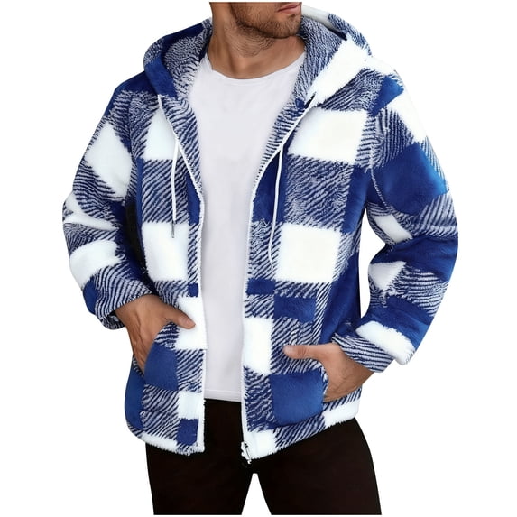 Stamzod Flannel Jacket for Men Long Sleeve Thicked Warm Sherpa Hoodie with Pocket Casual Winter Zip Up Hoodie Men Plaid Jackets Blue XL