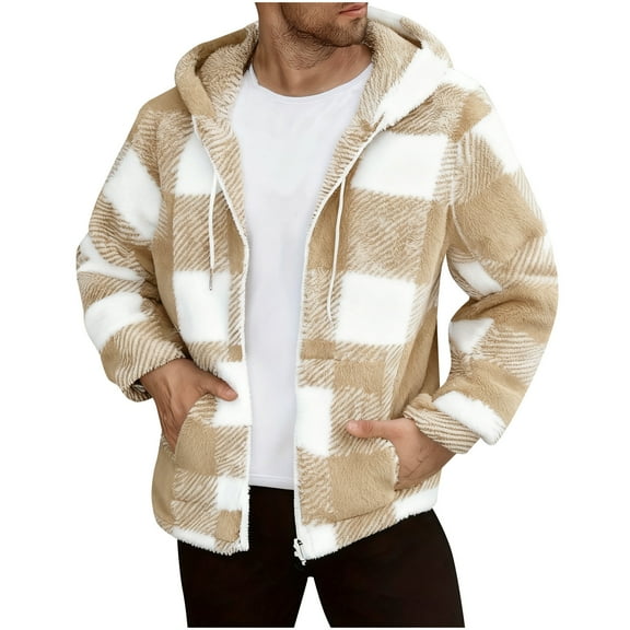 Stamzod Flannel Jacket for Men Long Sleeve Thicked Warm Sherpa Hoodie with Pocket Casual Winter Zip Up Hoodie Men Plaid Jackets Khaki M
