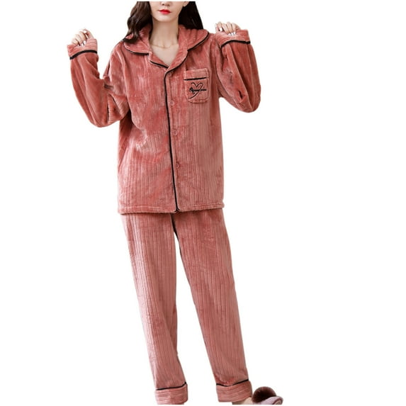 Stamzod Flannel Pajamas Set for Women 2 Piece Lounge Sets Solid Color Lapel Stripe Texture Long Sleeve Tops Long Pants Pocket Loungewear with Button