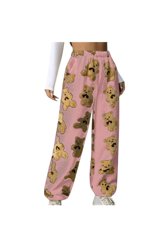 Fleece Joggers for Women Trendy Fashion Bear Printed Warm Sweatpants Causal Cute Sweats with Pocket Winter Clothes for Women Pink XXL