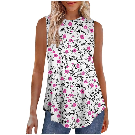 Stamzod Floral Camisole Tops for Women Summer Crew Neck Beach Tank Tops Flowy Vacation Casual Sleeveless Blouses for Women Pink L
