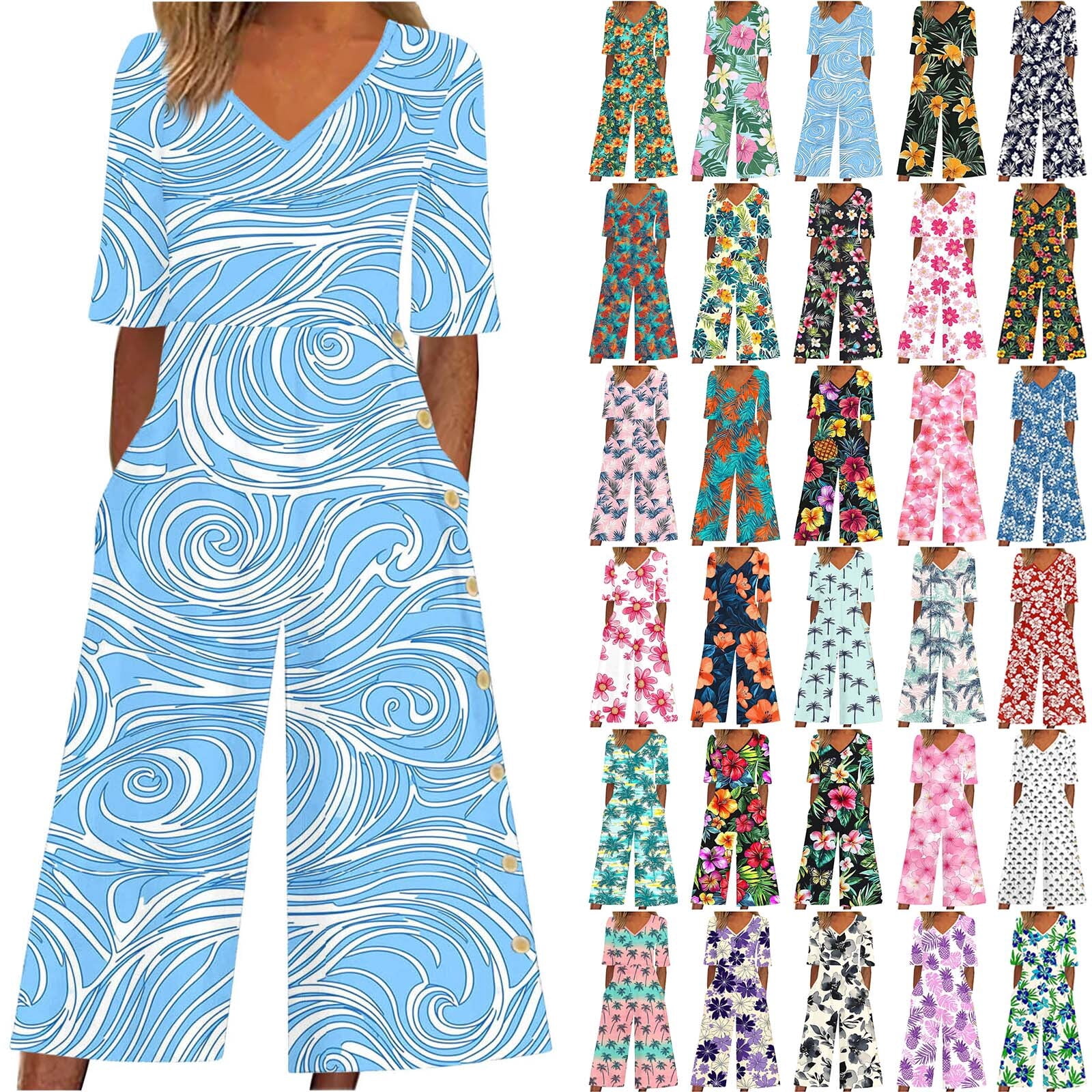 Stamzod Floral Jumpsuits for Women 2026 Short Sleeve V Neck Wide-Leg ...