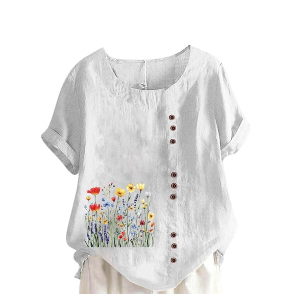 Stamzod Womens Tops Casual Fashion Flower Printed Imitation Cotton Linen Shirt Casual Short Sleeve Round-Neck Boho Top Beach Vacation Plus Size Blouses White B XL