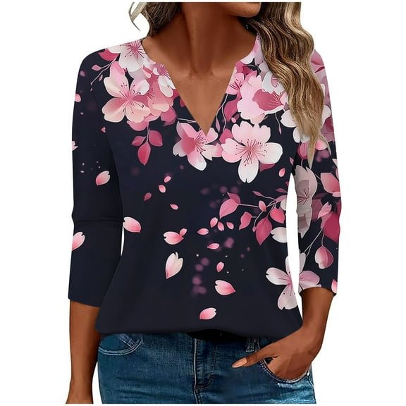 Stamzod Floral Tops for Women Trendy V Neck 3/4 Length Sleeve Pullover Top Loungewear Casul Loose Plus Size Spring Tops for Women Black D XXXL