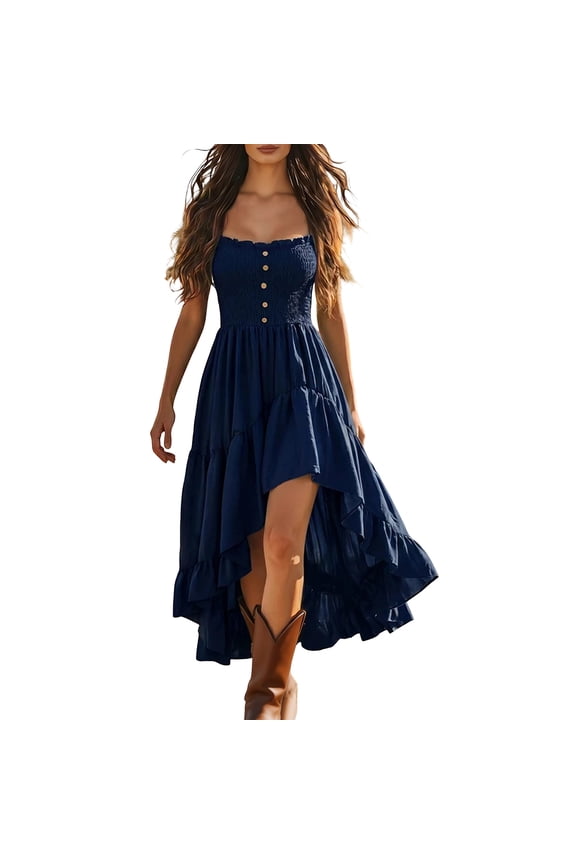 Flowy Dresses for Women Summer Spaghetti Strap High-Low Tiered Ruffle Dress Sleeveless Long Boho Beach Sundress Navy XXL