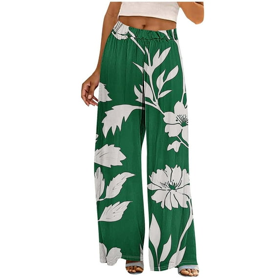Stamzod Flowy Pants for Women Fashion Flower Printed Stretch Waist Straight Palazzo Pants Daily Casual Loose Wide Leg Trousers Women Multicolor C M