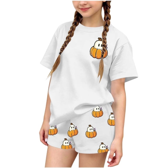 Stamzod Girls 2 Piece Outfits Short Sleeve Cute Halloween Shirt Shorts Set Kids Clothes Girls Clothing Sets Z White-2 3-4 Years