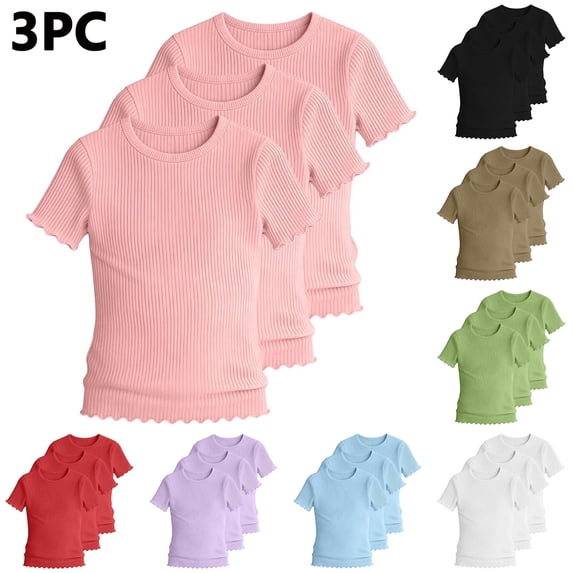 Stamzod Girls' 3-Pack Knitted T Shirts Crew Neck Ruffle Basic Tees Tops Summer Short Sleeve Shirts 5-16 Years White 5-6 Years