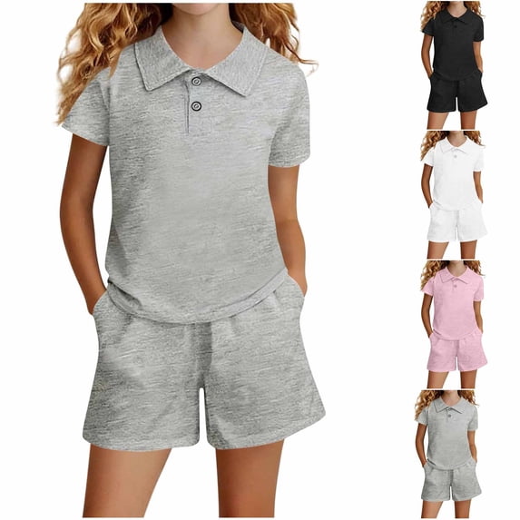 Stamzod Girls Clothes Two Piece Outfits Short Sleeve Top + Shorts with Pocket Summer Short Set Size 4-14 Years Black 9-10 Years