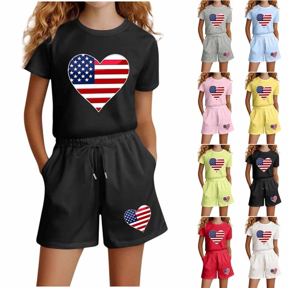 Stamzod Girls' Clothing Sets American Flag Short Sleeve Tops and Shorts Summer 2 Piece Outfits 3-14 Years Gray 7-8 Years
