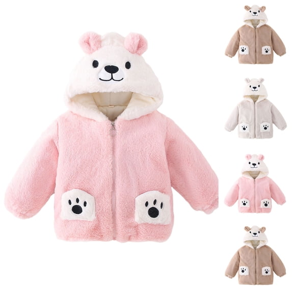 Stamzod Girls Fashion Cute Fleece Jacket Boys Winter Coat Long Sleeve Hooded Warm Jackets with Pocket Girls Clothes Pink 1-2Years