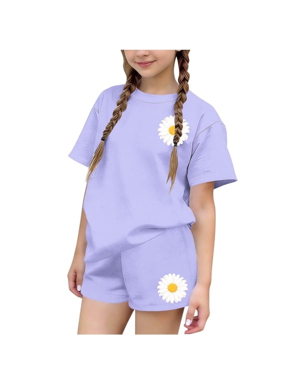 Girls Outfits Size 10-12 Crewneck Short Sleeve Tshirts and Shorts Girls Summer Clothes Two Piece Sets Purple B 9-10 Years