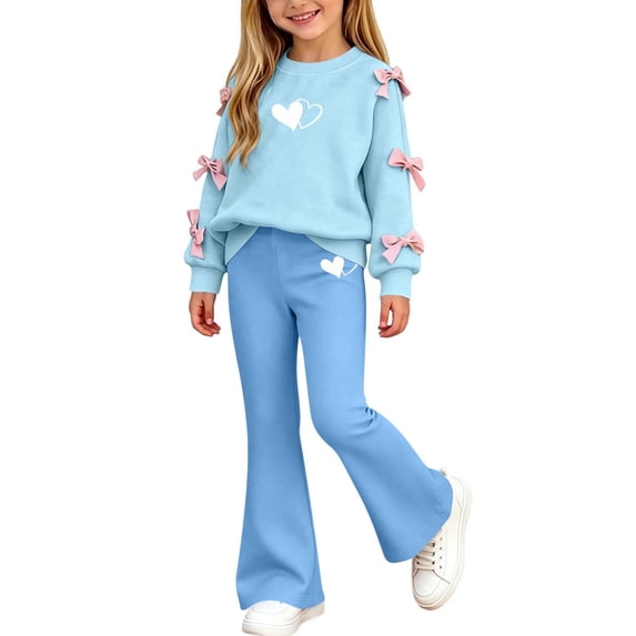 Stamzod Girls Outfits Size 10-12 Fashion Love Heart Printed Crewneck Tops Bell Bottom Leggings 2 Piece Set Fall Clothes