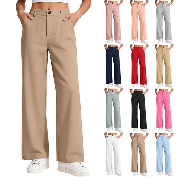 Stamzod Girls School Uniform Pants 10-12 Casual High Waist Wide Leg Pants Baggy Dress Trousers with Pockets Girls Clothes 9-10Years