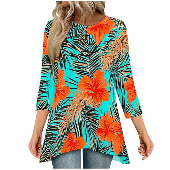 Stamzod Graphic Tees for Women Summer Round Neck Pullover Top Casual Loose 3/4 Length Sleeve Womens Tops Khaki B M