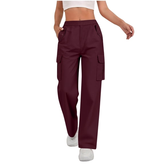 Stamzod Green Cargo Pants Women Solid Color Summer Elastic Waist Straight Travel Pants with Multi-Pocket Outdoor Hiking Casaul Sweatpants for Women Wine XL