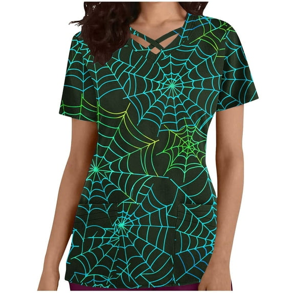 Stamzod Halloween Costume Scrub for Women Gradient Net Print Slim Fit Shirts Graphic Tees Short Sleeve V Neck Nursing Uniforms