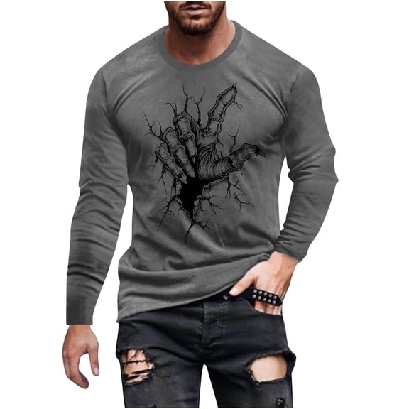 Stamzod Halloween Graphic Tees Men Round Neck Long Sleeve Oversized Tshirts for Men Gray B S