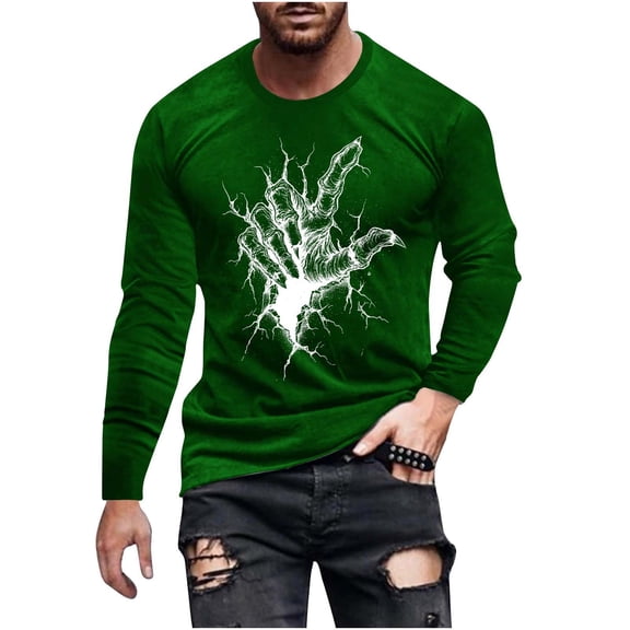Stamzod Halloween Graphic Tees Men Round Neck Long Sleeve Oversized Tshirts for Men Green B XL