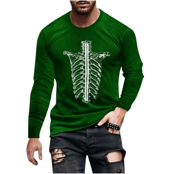 Stamzod Halloween Long Sleeve Shirts for Men Casual Round Neck Oversized Graphic Tees Fashion Clothing Mens T-Shirts Green E L