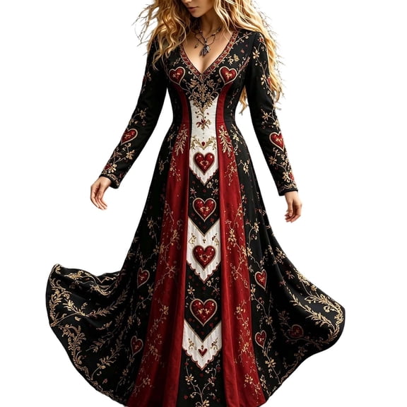 Stamzod Halloween Maxi Dresses for Women Fashion Vintage Printed V-Neck A Line Dress Gothic Elegant Long Party Dresses