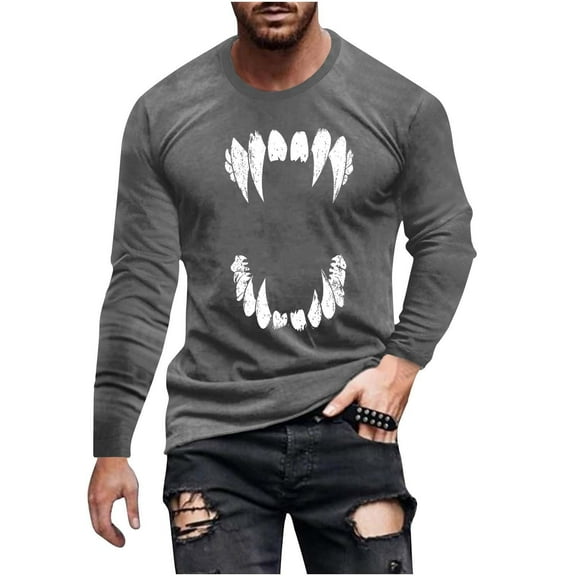 Stamzod Halloween Mens T-Shirts Round Neck Long Sleeve Shirt Casual Oversized Graphic Tees Men Fashion Clothing Gray D XL