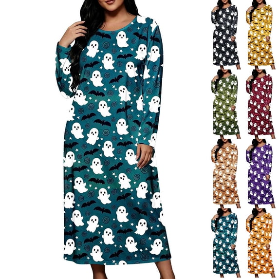 Stamzod Halloween Nightgowns for Women Casual Loose Plus Size Sleep Shirt Crewneck Long Sleeve Night Dress XXL