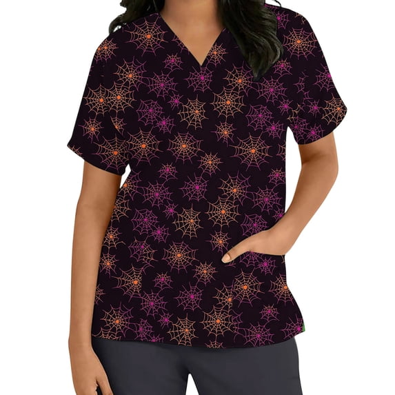 Stamzod Halloween Scrub Shirts for Women V-Neck Short Sleeve Print Stretch Holiday Scrub Tops with Pocket