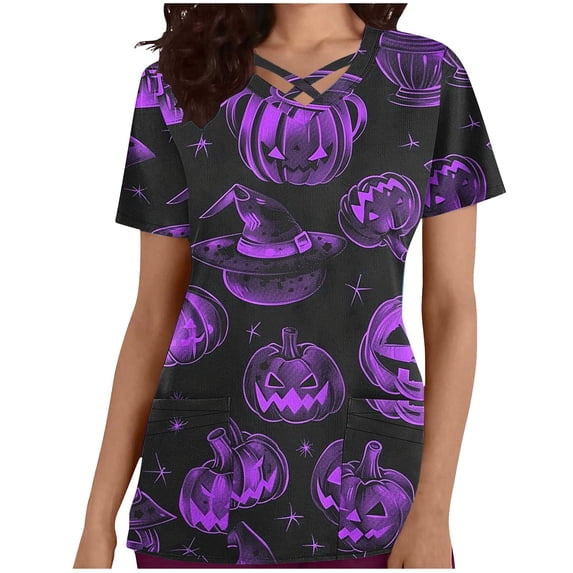 Stamzod Halloween Scrub Tops Women Funny V-Neck Pumpkin Printed Nurse Working Uniforms Slim Fit Comfy Holiday Stretchy Tee Shirt with Pockets