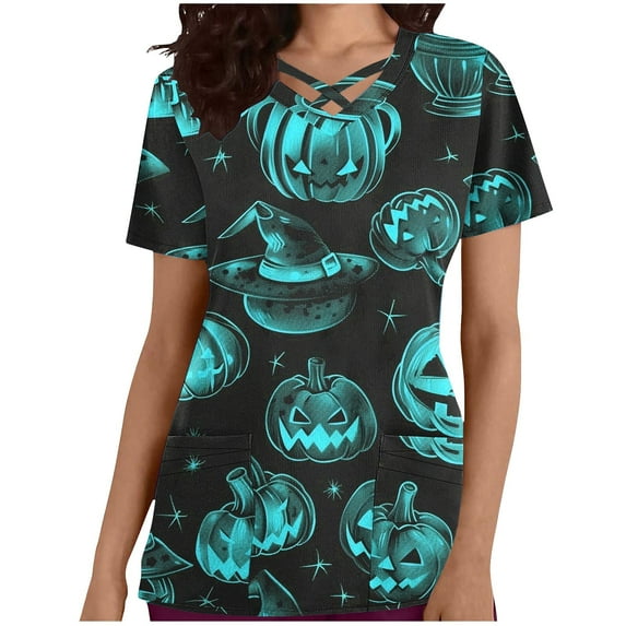 Stamzod Halloween Scrub Tops Women Funny V-Neck Pumpkin Printed Nurse Working Uniforms Slim Fit Comfy Holiday Stretchy Tee Shirt with Pockets