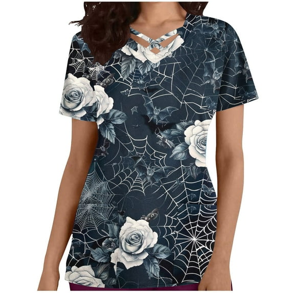 Stamzod Halloween Scrub Tops for Women Stretchy V Neck Short Sleeve Womens Graphic T Shirts Funny Floral Animal Printed Holiday Working Uniforms